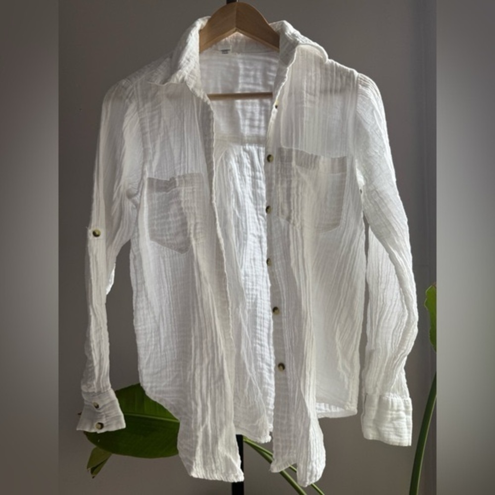 Japna 100% Gauze Cotton White Button-Up Shirt S Adjustable Sleeves M10